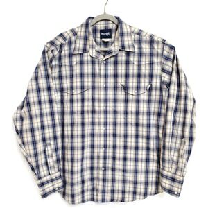 Wrangler Shirt Mens XL Blue Brown‎ Plaid Western Pearl Snap Long Sleeve Cotton